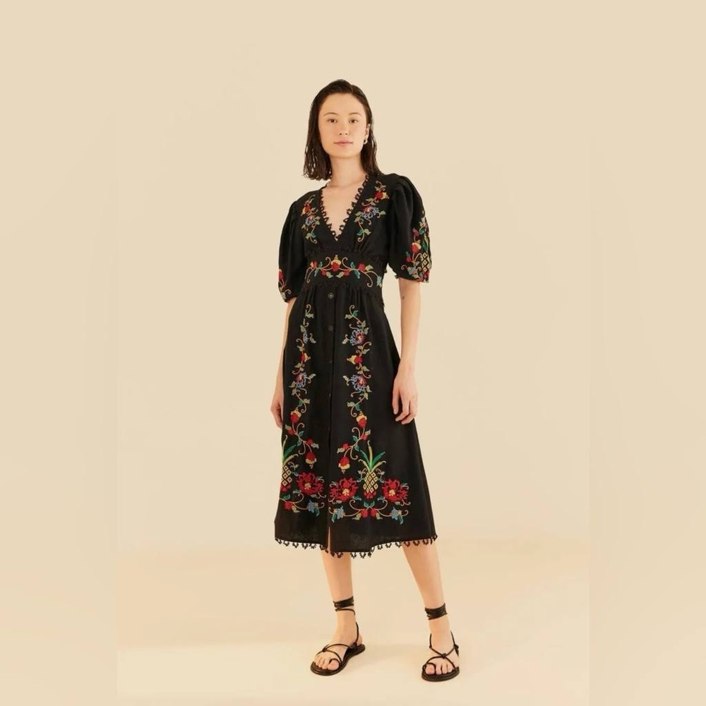 FARM Rio Cross Stitch Embroidery Midi Black Dress - Size Medium